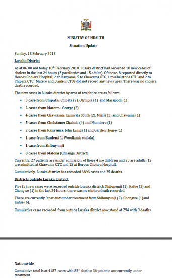 Zambia Cholera Outbreak Situation Update - 18 February 2018